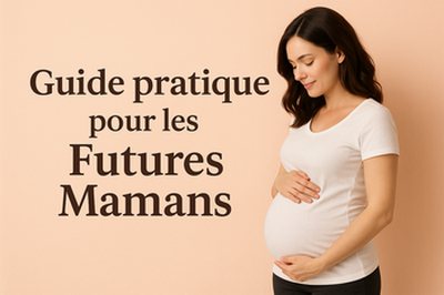 Bannière publicitaire montrant une femme enceinte souriante en profil, habillée d’un t-shirt blanc, sur fond pêche pastel, avec le texte “Formation Guide pratique pour les Futures Mamans” inscrit en grandes lettres sombres.