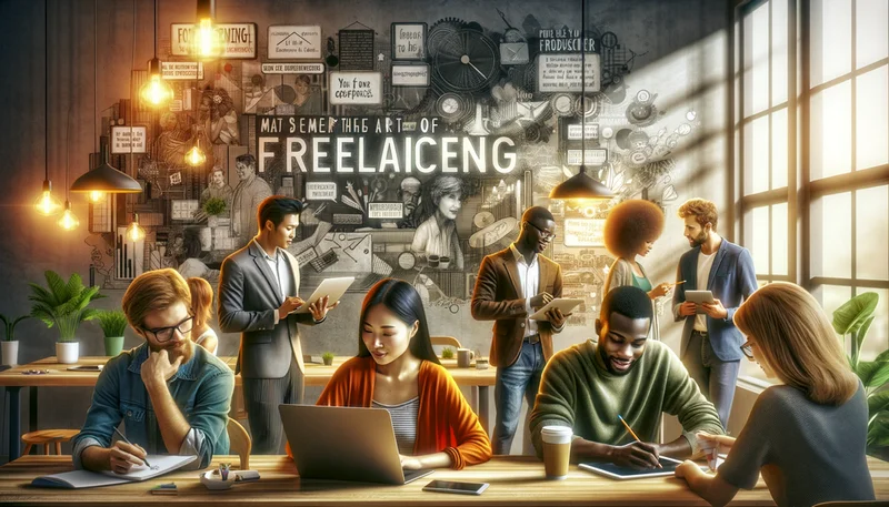 Des freelancers hommes et femmes sont rassemblés dans 
    une grande salle et échange sur leurs activité de freelancing 