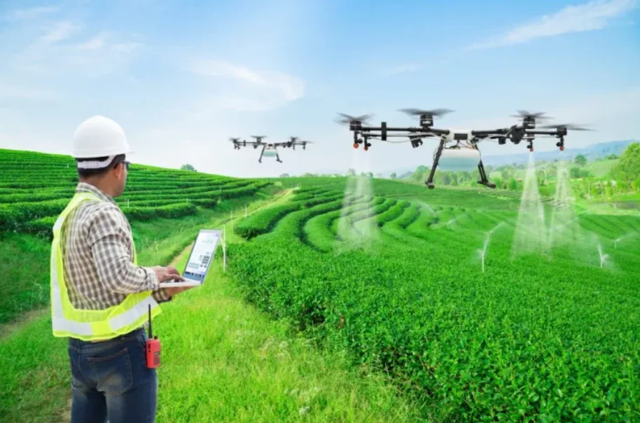 Un tecnicien agricole arrose un champ grâce à des drônes télécommandés qui arrose chacunes des parcelles agricole.