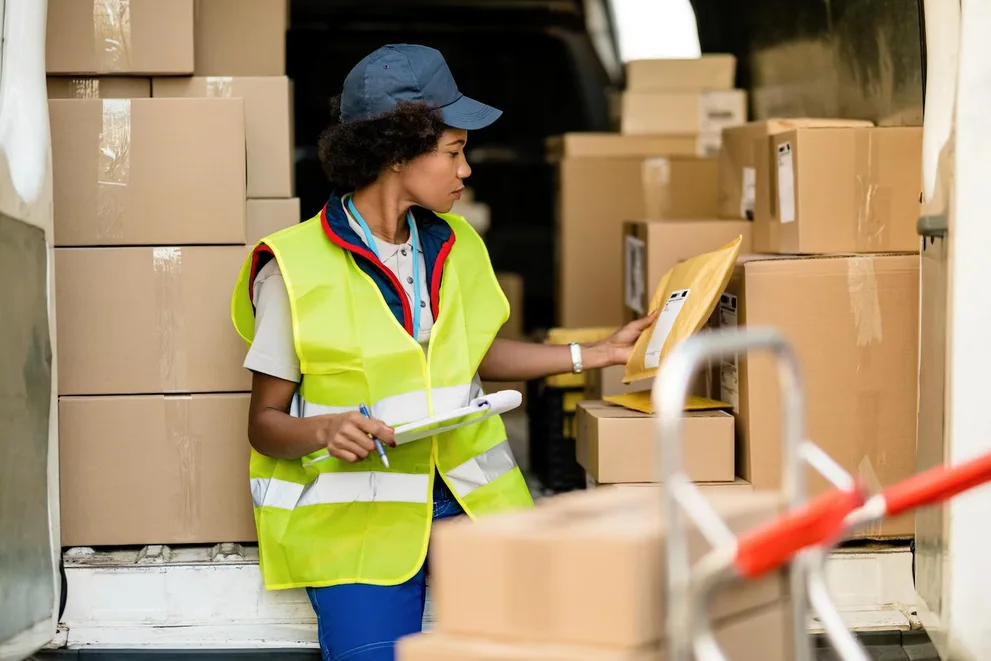 une logisticienne cahier à la main, vérifie la destination d'un paquet.