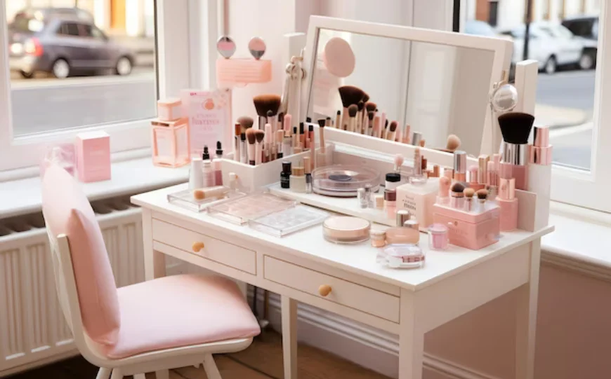 Sur table de maquillage beige et fauteuil rose est presenté toute la panoplie pour un maquillage parfait.