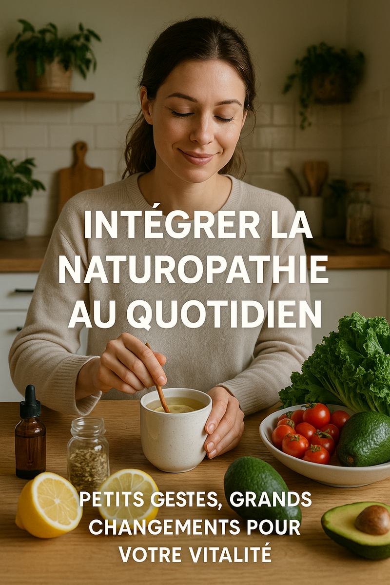 Jeune femme souriante dans une cuisine naturelle, préparant une boisson santé avec des ingrédients frais comme citron, avocat et légumes, illustrant l'intégration de la naturopathie au quotidien.