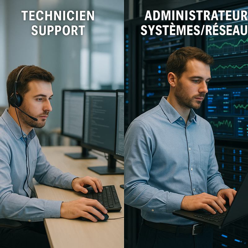 Image divisée en deux parties : à gauche, un technicien support informatique portant un casque micro, assis devant plusieurs écrans dans un bureau moderne ; à droite, un administrateur systèmes/réseaux debout devant des racks de serveurs, surveillant des données réseau sur un ordinateur portable, dans une salle serveur high-tech.