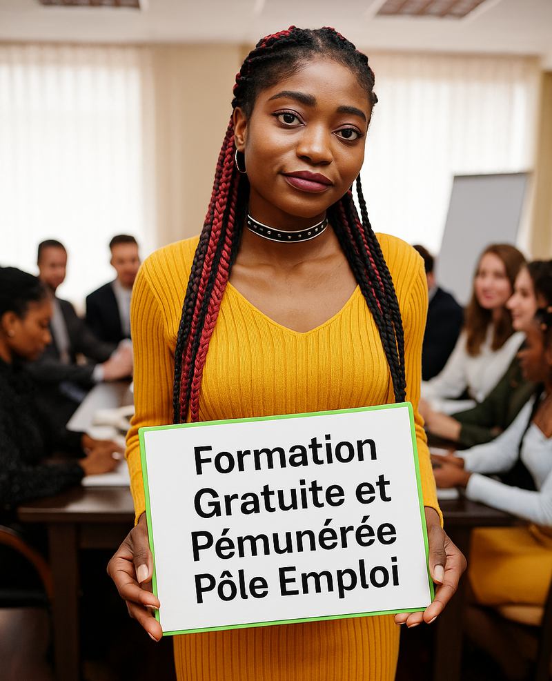Une candidate debout s'affiche tenant une pancarte à la main avec l'inscription Formation Gratuite et rémunérée du pôle Emploi